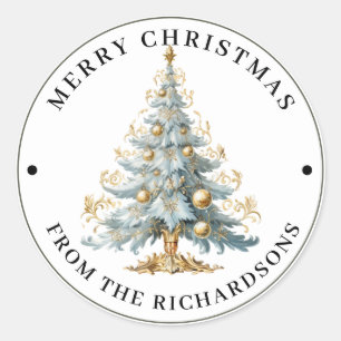 Elaborate Victorian Tree in Blue Merry Christmas Classic Round Sticker
