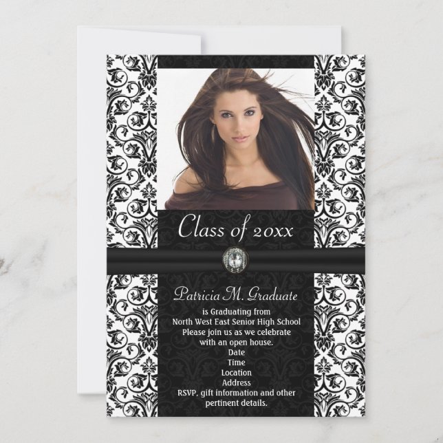 Elaborate White|Black Damask Graduation Invitation (Front)