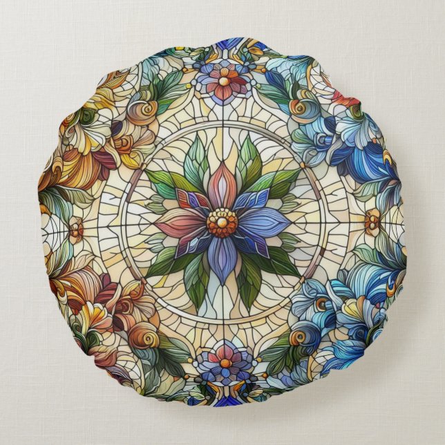 Elaborated And Intricate Stained Glass Design Round Cushion (Back)