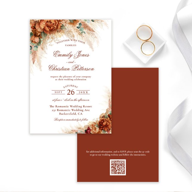 Elagant Custom Floral Boho Pampas Grass Wedding Invitation (Creator Uploaded)