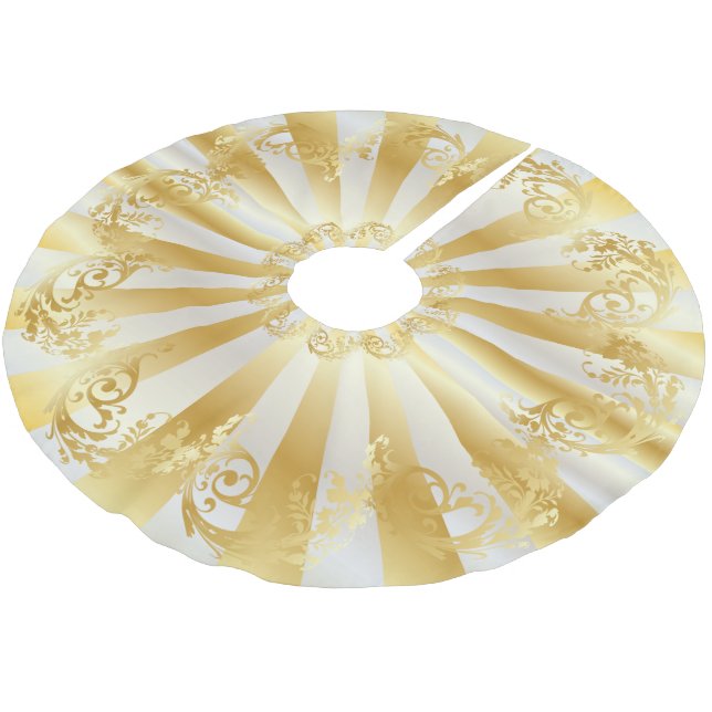 Elagant Gold and White Stain Christmas Brushed Polyester Tree Skirt (Angled)