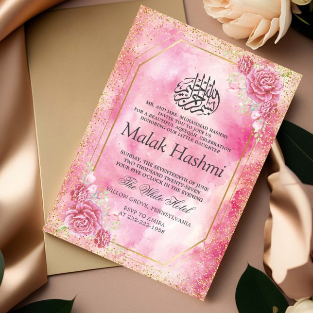 Elagant Pink Floral watercolor Islamic Aqeeqah Invitation (Creator Uploaded)