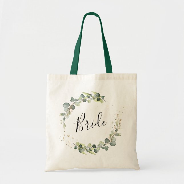 elagant script greenery foliage bride tote bag (Front)