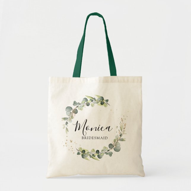 elagant script greenery foliage bridesmaid tote bag (Front)