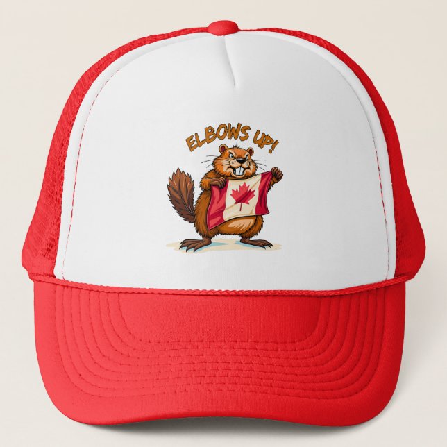 Elbows UP, Beaver, Canada Canadian Flag Maple Leaf Trucker Hat (Front)