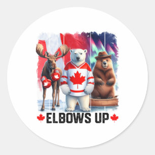 Elbows Up Canada Flag Hockey Funny Beaver Boxing M Classic Round Sticker
