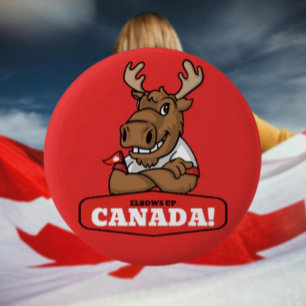 Elbows Up Canada! Funny Moose Holding Flag Button