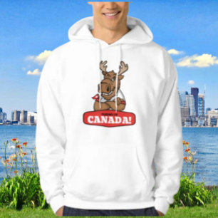 Elbows Up Canada! Funny Moose Holding Flag Hoodie