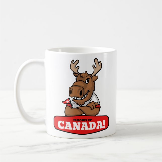 Elbows Up Canada! Funny Moose Holding Flag Mug (Left)