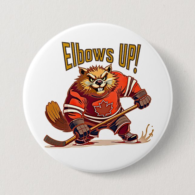 Elbows UP! Hockey Beaver, Canadian Flag Maple Leaf 7.5 Cm Round Badge (Front)