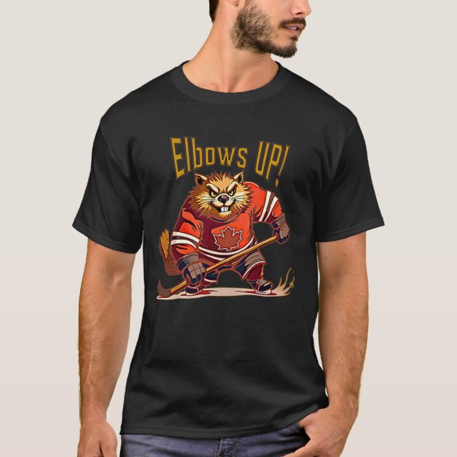 Elbows UP! Hockey Beaver, Canadian Flag Maple Leaf T-Shirt (Front)