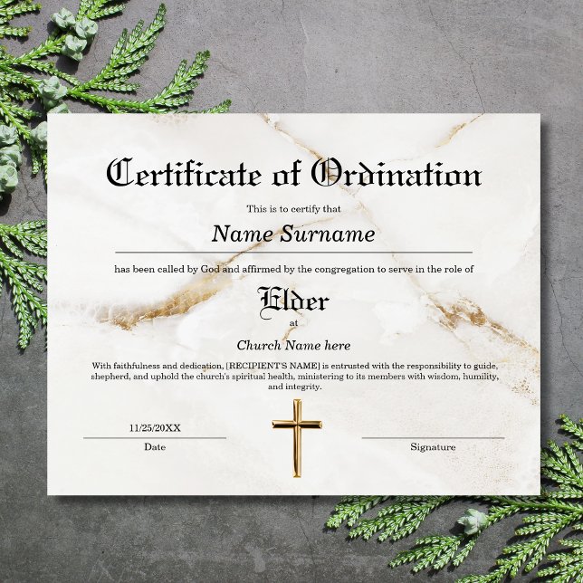 Elder Church Certificate of Ordination (white marble with gold cross, elegant classic design)