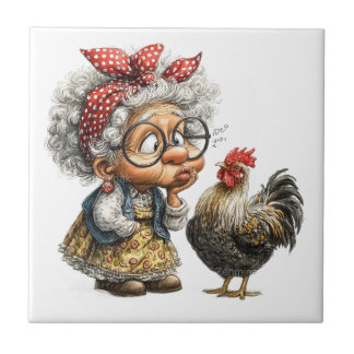 Elder lady a rooster tile