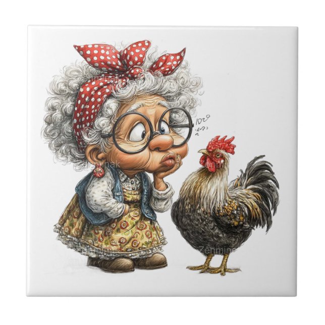 Elder lady a rooster tile (Front)