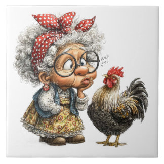 Elder lady a rooster tile