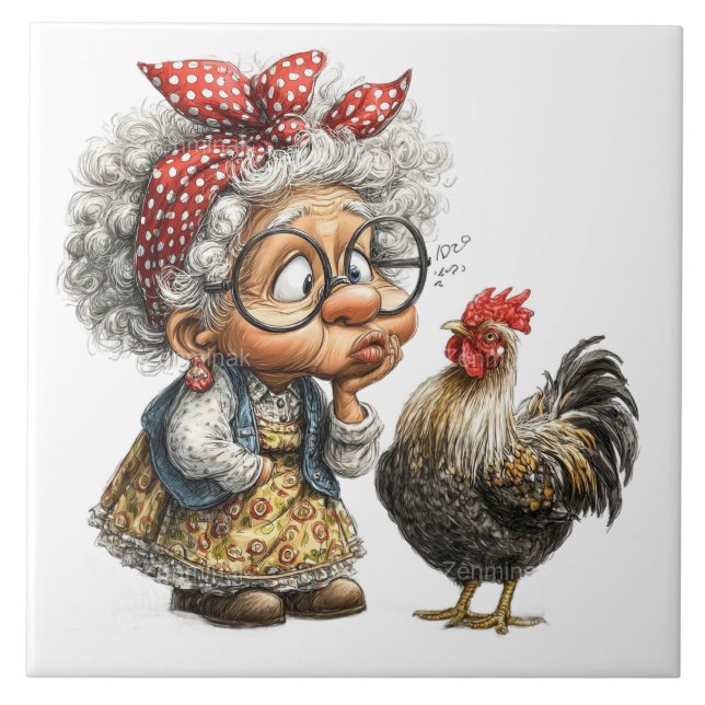 Elder lady a rooster tile (Front)