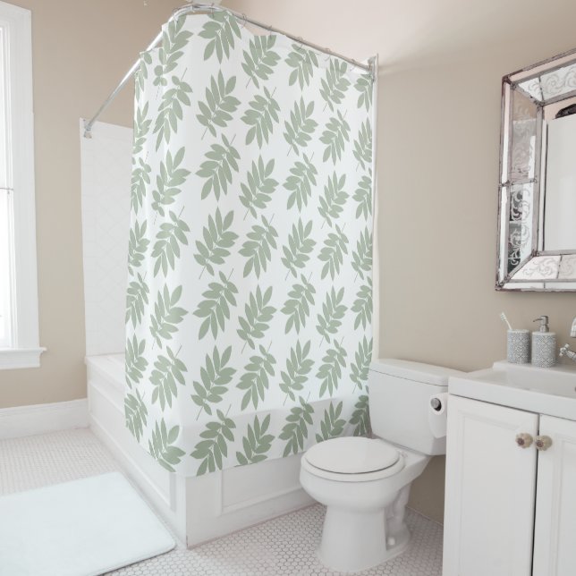 Elder Leaf Big Pattern Green+White Shower Curtain (In Situ)