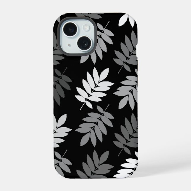 Elder Leaf Lg Pattern Black White Grey iPhone 15 Case (Back)