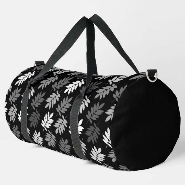 Elder Leaf Pattern Black White Grey Duffle Bag (Left Corner)