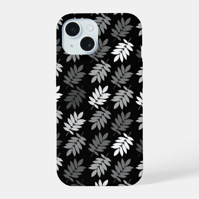 Elder Leaf Pattern Black White Grey iPhone 15 Case (Back)