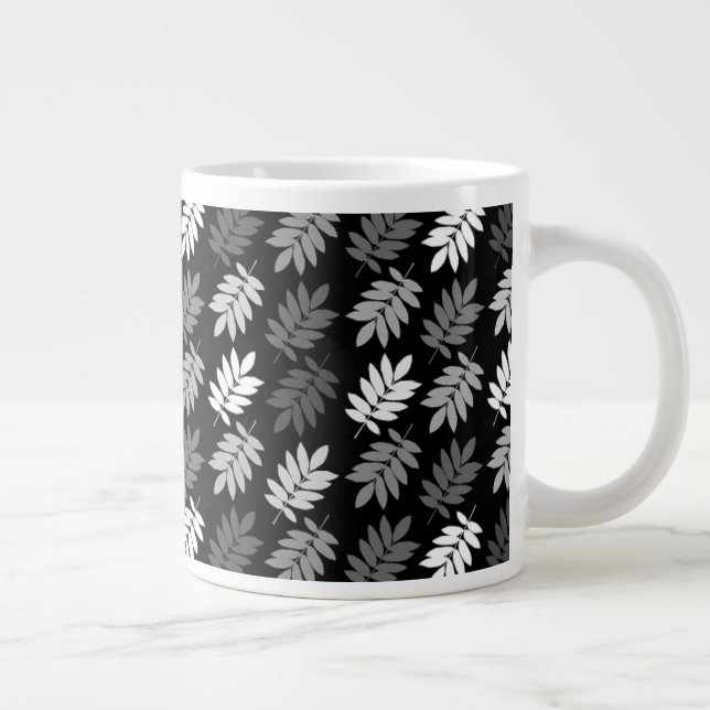 Elder Leaf Pattern Black White Grey Large Coffee Mug (Right)