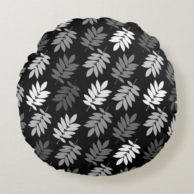 Elder Leaf Pattern Black White Grey Round Cushion (Front)