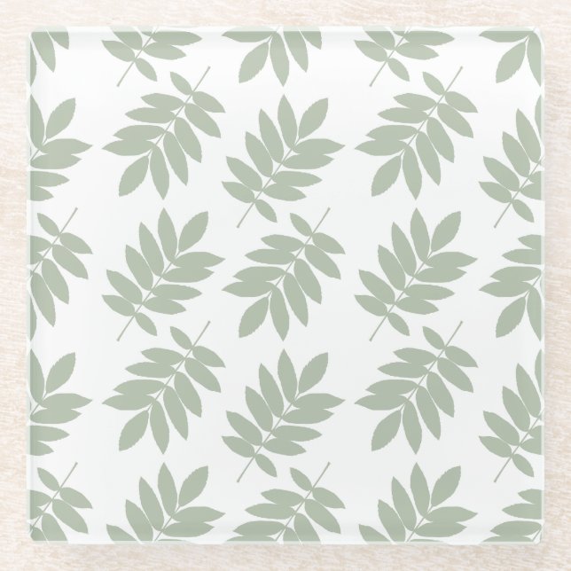 Elder Leaf Pattern Green+White Glass Coaster (Front)