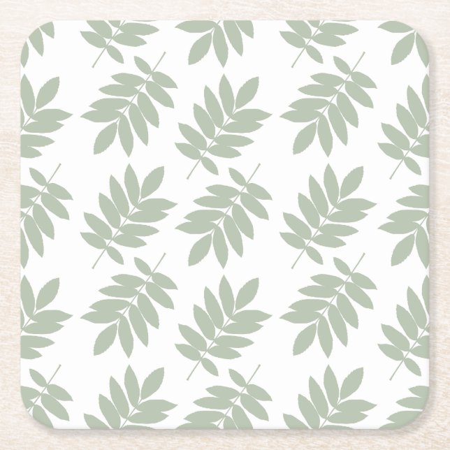 Elder Leaf Pattern Green+White Square Paper Coaster (Front)