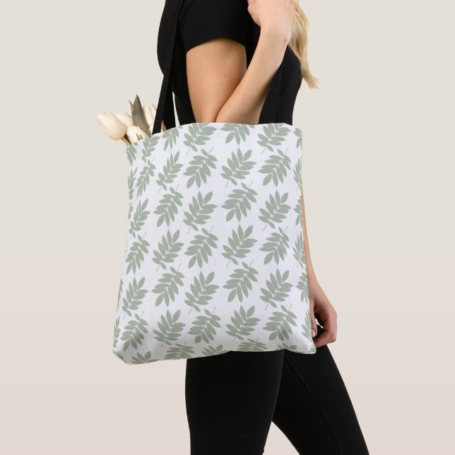 Elder Leaf Pattern Green+White Tote Bag (Close Up)