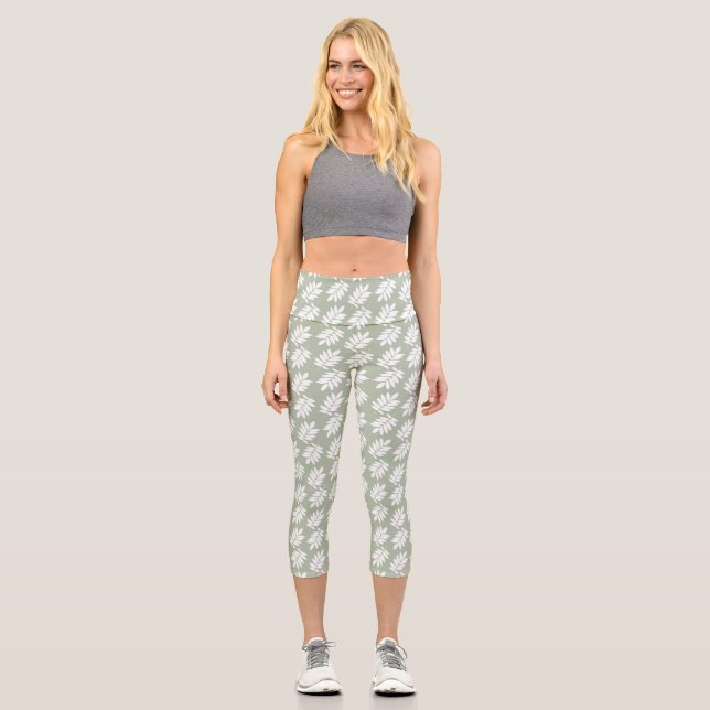 Elder Leaf Pattern White on Green Capri Leggings (Front)