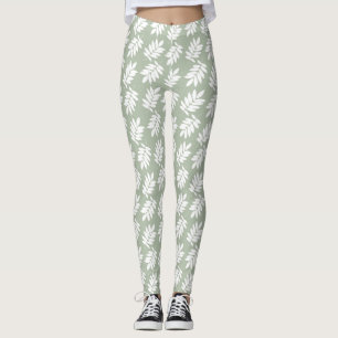 Elder Leaf Pattern White on Green Leggings