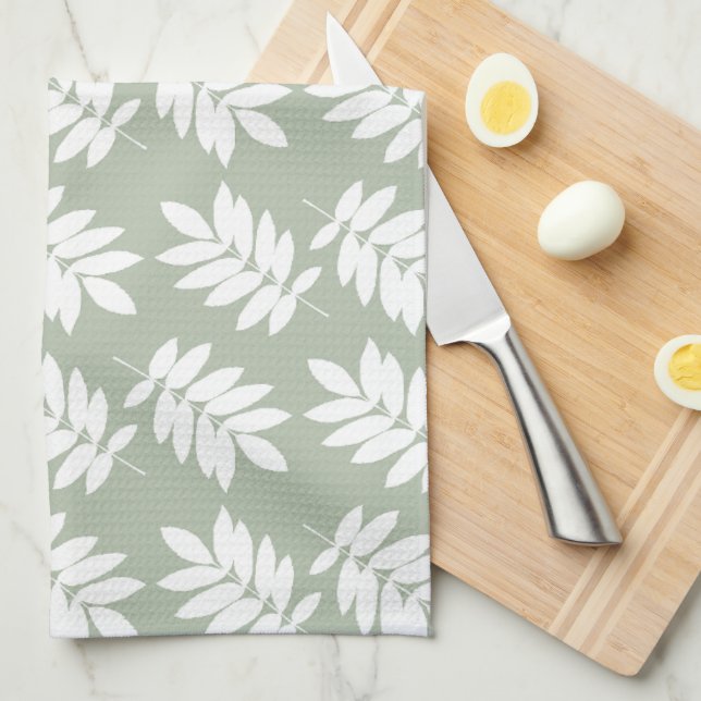 Elder Leaf Pattern White on Green Tea Towel (Quarter Fold)