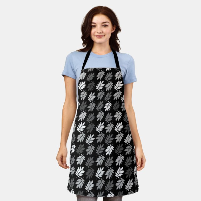 Elder Leaf Rpt Pattern Black White Grey Apron (Worn)