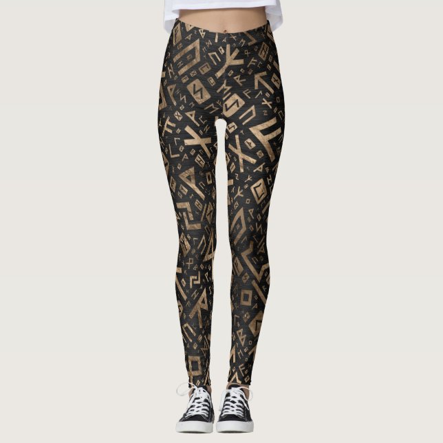 Elder Runes - Futhark Pattern Gold on Black Wood 2 Leggings (Front)