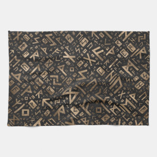 Elder Runes - Futhark Pattern Gold on Black Wood 2 Tea Towel