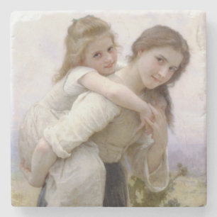 Elder Sister Giving Younger Sister Piggyback Ride Stone Coaster