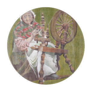 Elderly Irish Woman Crafter At A Spinning Wheel Cutting Board