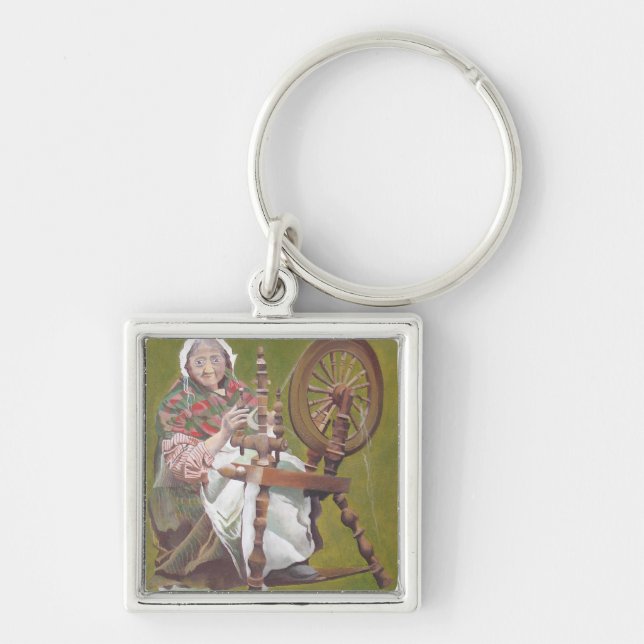 Elderly Irish Woman Crafter At A Spinning Wheel Key Ring (Front)