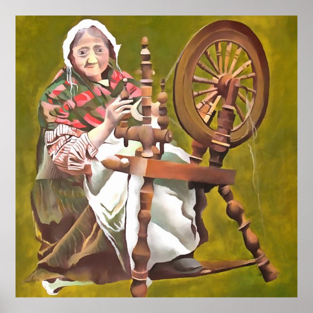 Elderly Irish Woman Crafter At A Spinning Wheel Poster (Front)