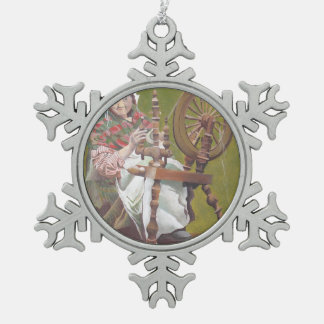 Elderly Irish Woman Crafter At A Spinning Wheel Snowflake Pewter Christmas Ornament