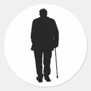 Elderly Man Walking Black Silhouette Drawing Art Classic Round Sticker