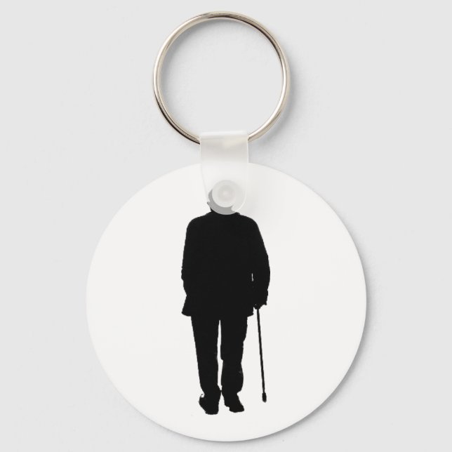 Elderly Man Walking Black Silhouette Drawing Art Key Ring (Front)