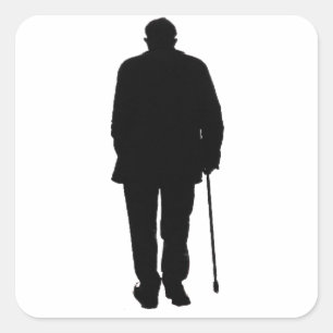 Elderly Man Walking Black Silhouette Drawing Art Square Sticker