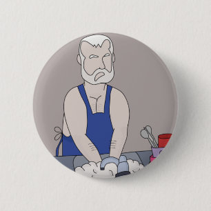 Elderly man washing the dishes 6 cm round badge