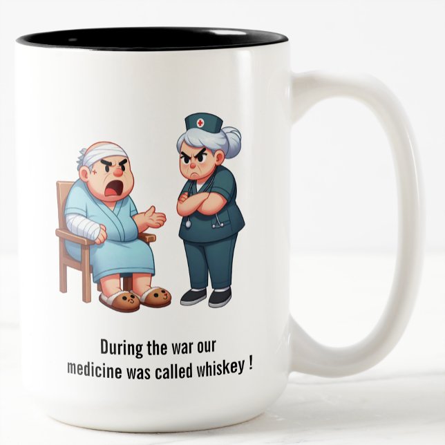 Elderly Patient Yelling at an Exhausted Nurse Two-Tone Coffee Mug (Creator Uploaded)