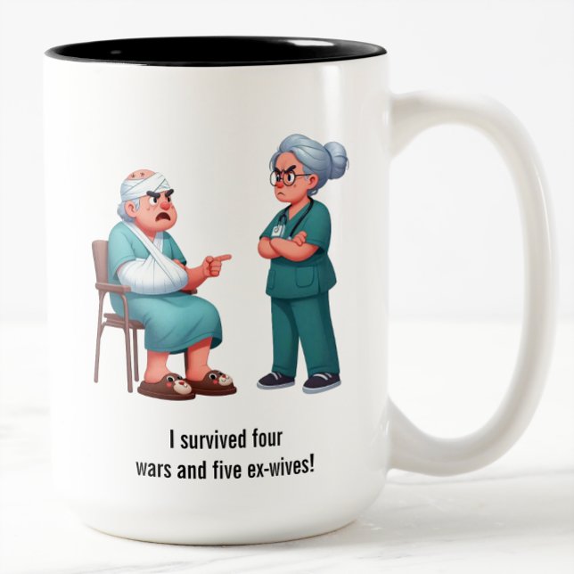 Elderly Patient Yelling at an Exhausted Nurse Two-Tone Coffee Mug (Creator Uploaded)