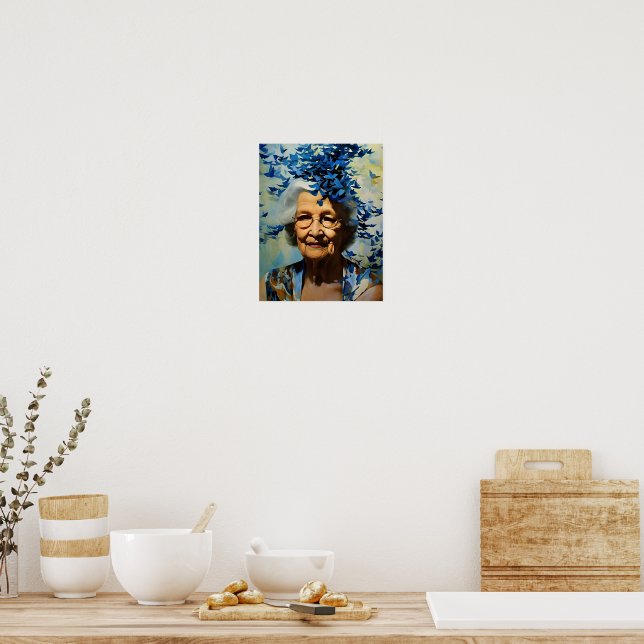 Elderly Woman and Blue Butterflies Poster (Kitchen)