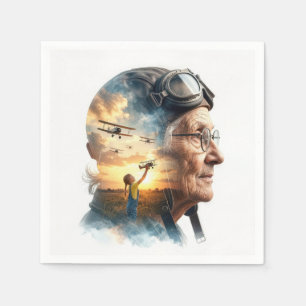 Elderly Woman Aviator Remembering the Past Napkin
