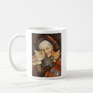 Elderly Woman Embracing Three Cats Cosy Coffee Mug