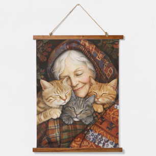 Elderly Woman Embracing Three Cats Cosy  Hanging Tapestry